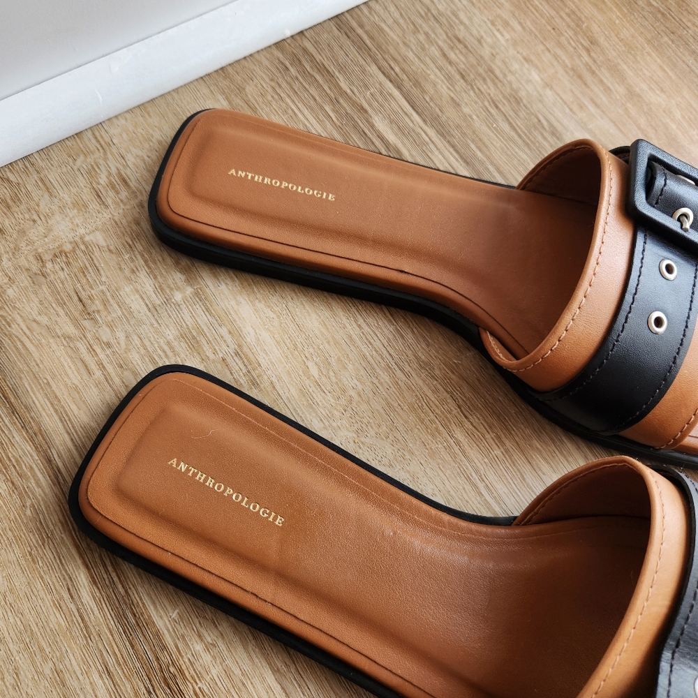 Anthropologie Cedar Brown & Black Buckle Slide Sandals Women's Size 39 - Picture 4 of 7